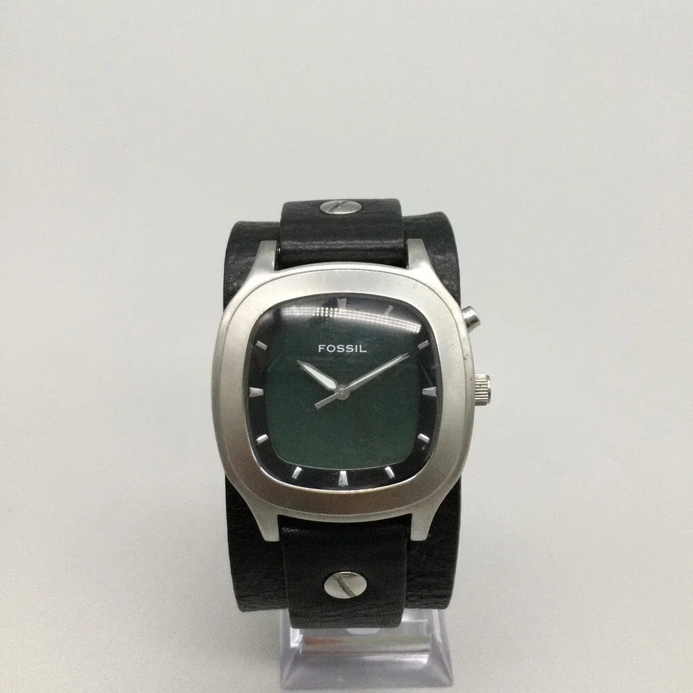 Fossil Big Tic Mens Watch 39mm Green Blue Dial Steel Black Leather New Battery